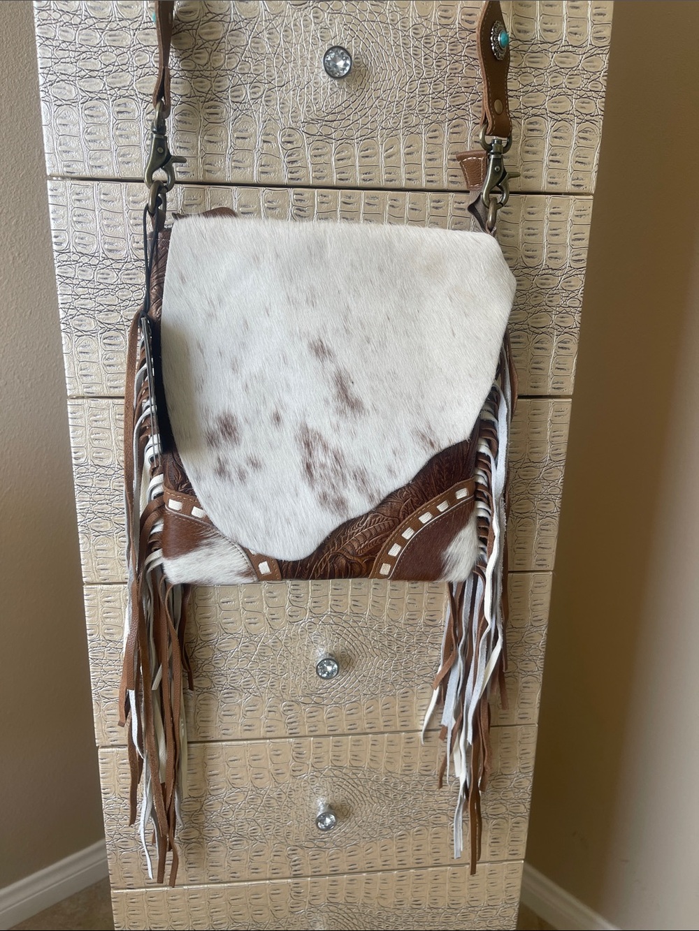 Myra Bag Brown and White Cowhide Fringe Crossbody